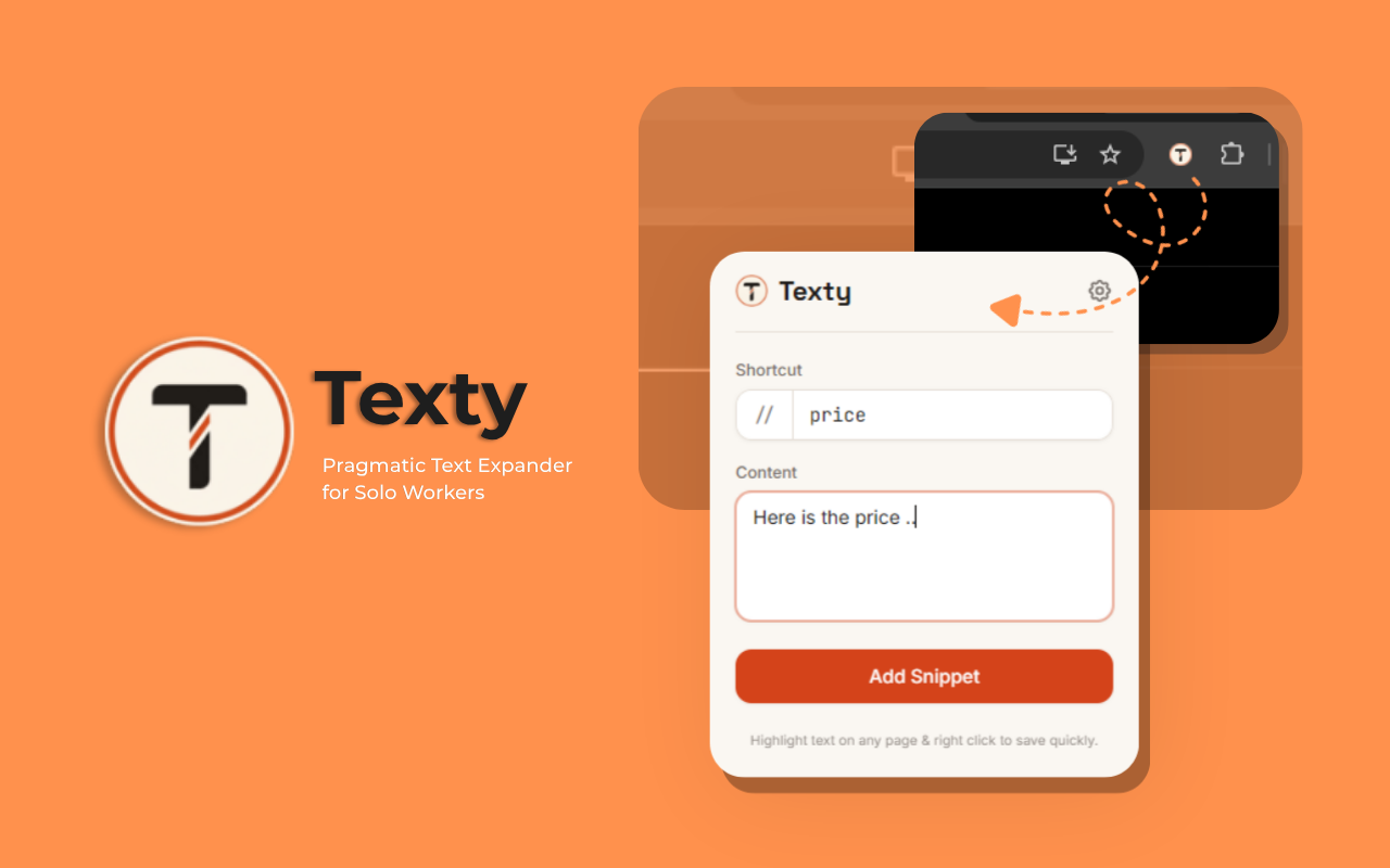 Texty Chrome Extension — text expander popup showing shortcuts
